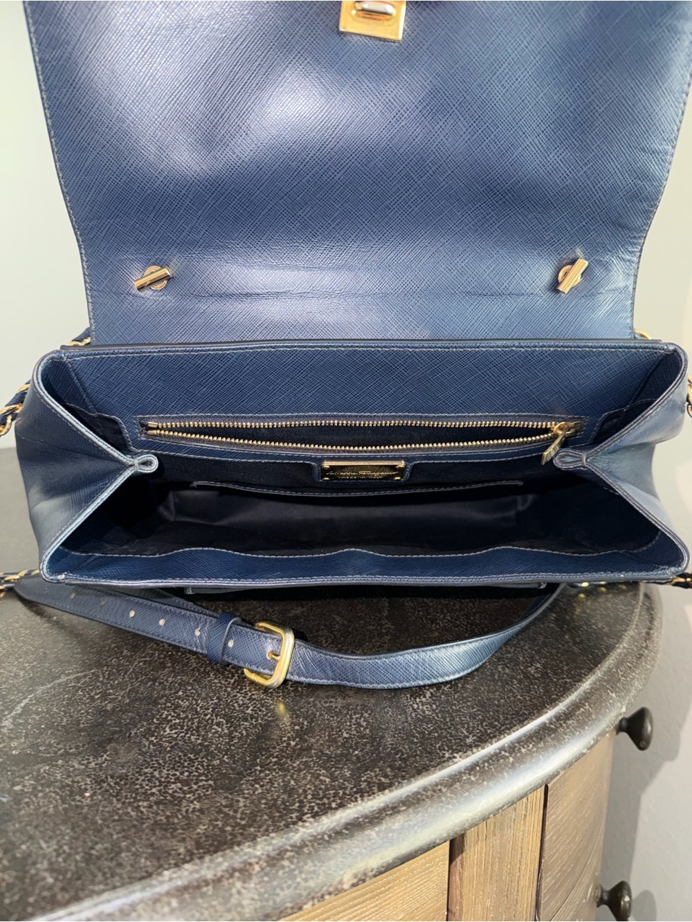 Salvatore Ferragamo Navy Saffiano Leather Vara Shoulder Bag with Gold Hardware - Picture 12 of 16
